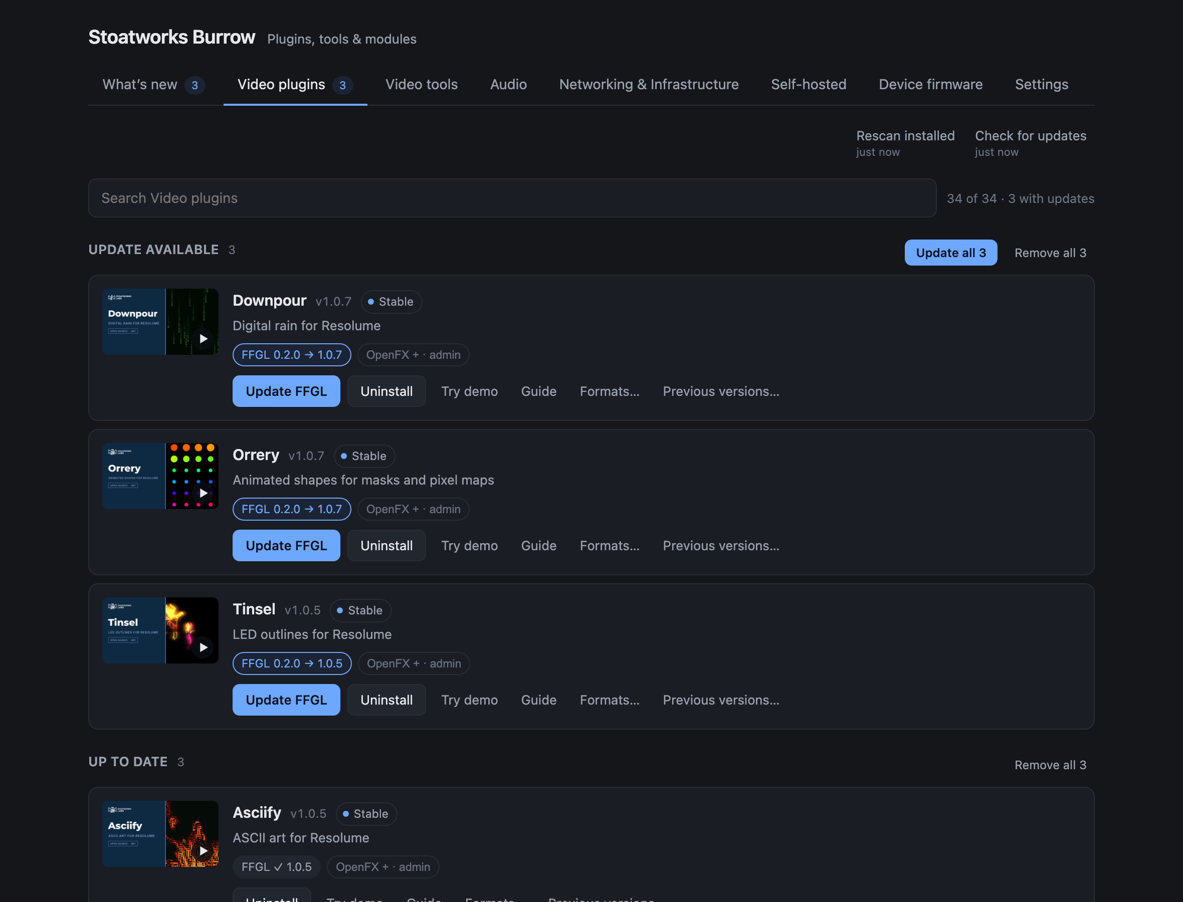 The plugin list, grouped into update available, up to date and not installed, with the per-format state on every row