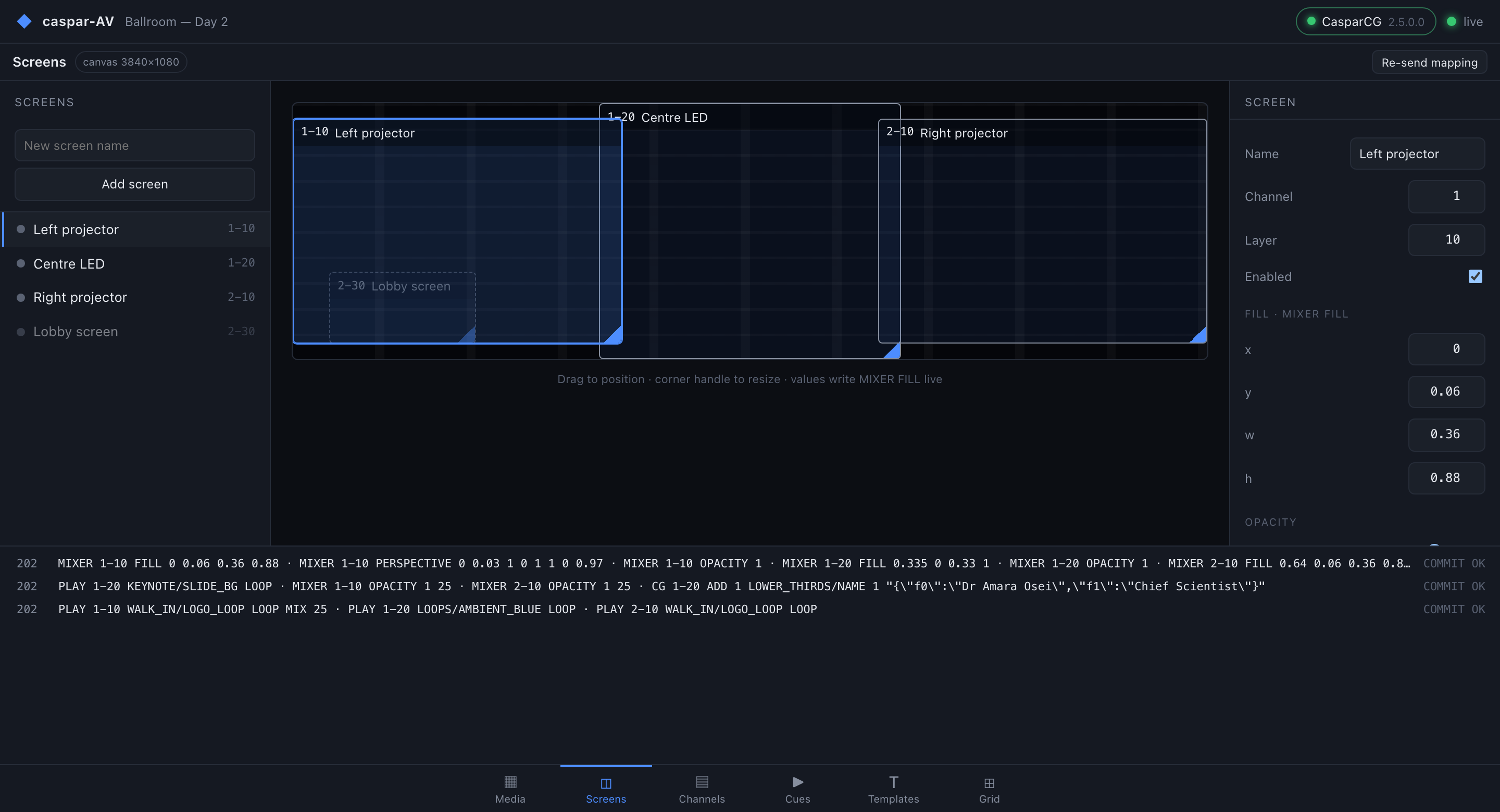 The Screens page: four screens placed on a 3840x1080 canvas, an inspector on the right with the raw fill values, and the command log along the bottom.