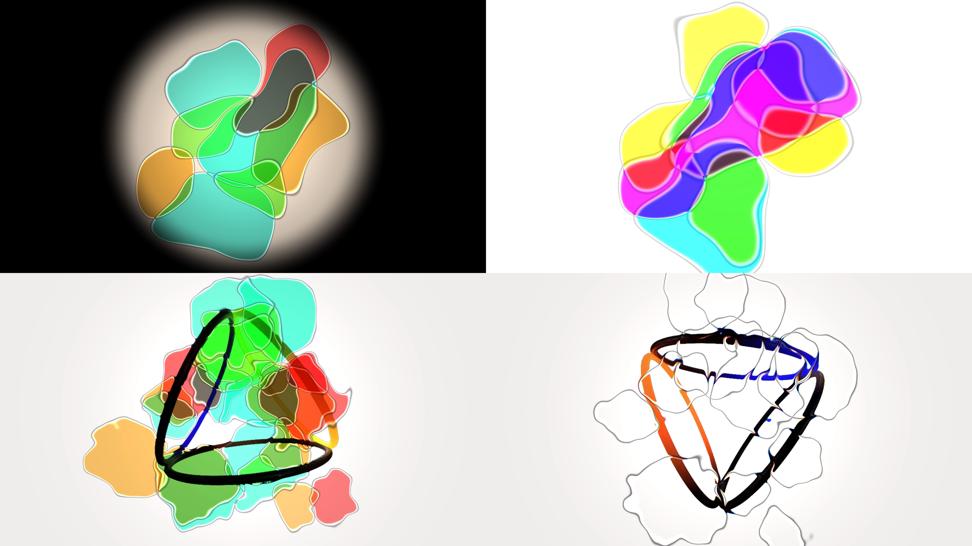 Four looks rendered by the plugin’s own offline harness, which drives the real plugin class through a headless GL context — not a Resolume screen capture.