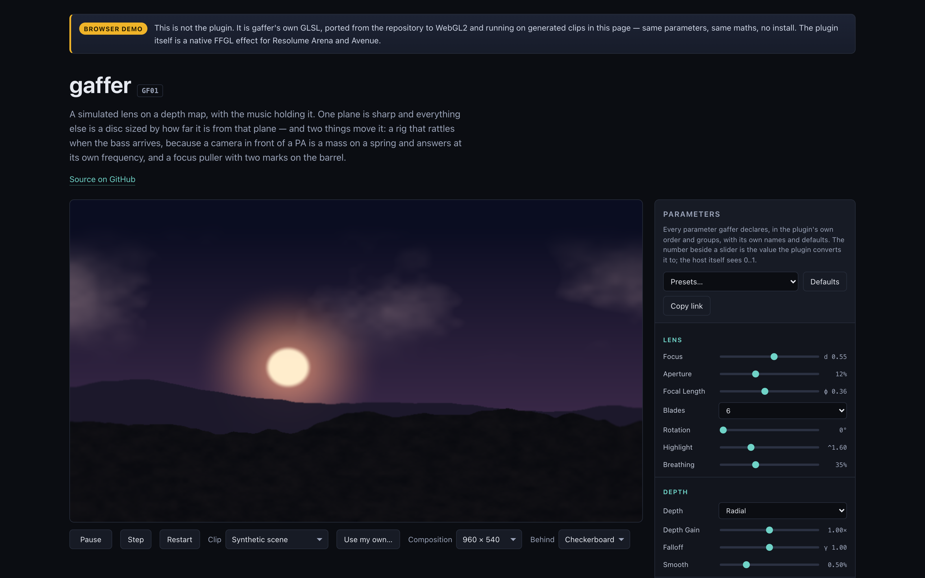 The browser demo, not the plugin: gaffer’s own GLSL ported to WebGL2 and running on a generated scene in the page — the same parameters and the same maths as…