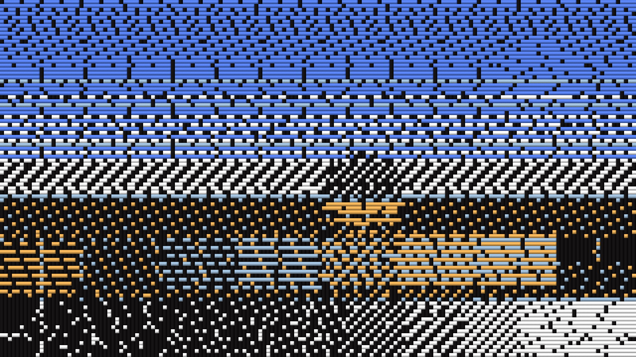 The test card woven: a sky of blue weft picks over a black warp with scattered ties, a white twill band at the horizon, the ground and the colour patches in orange, pale blue and black picks, and the grey ramp in black and white twills