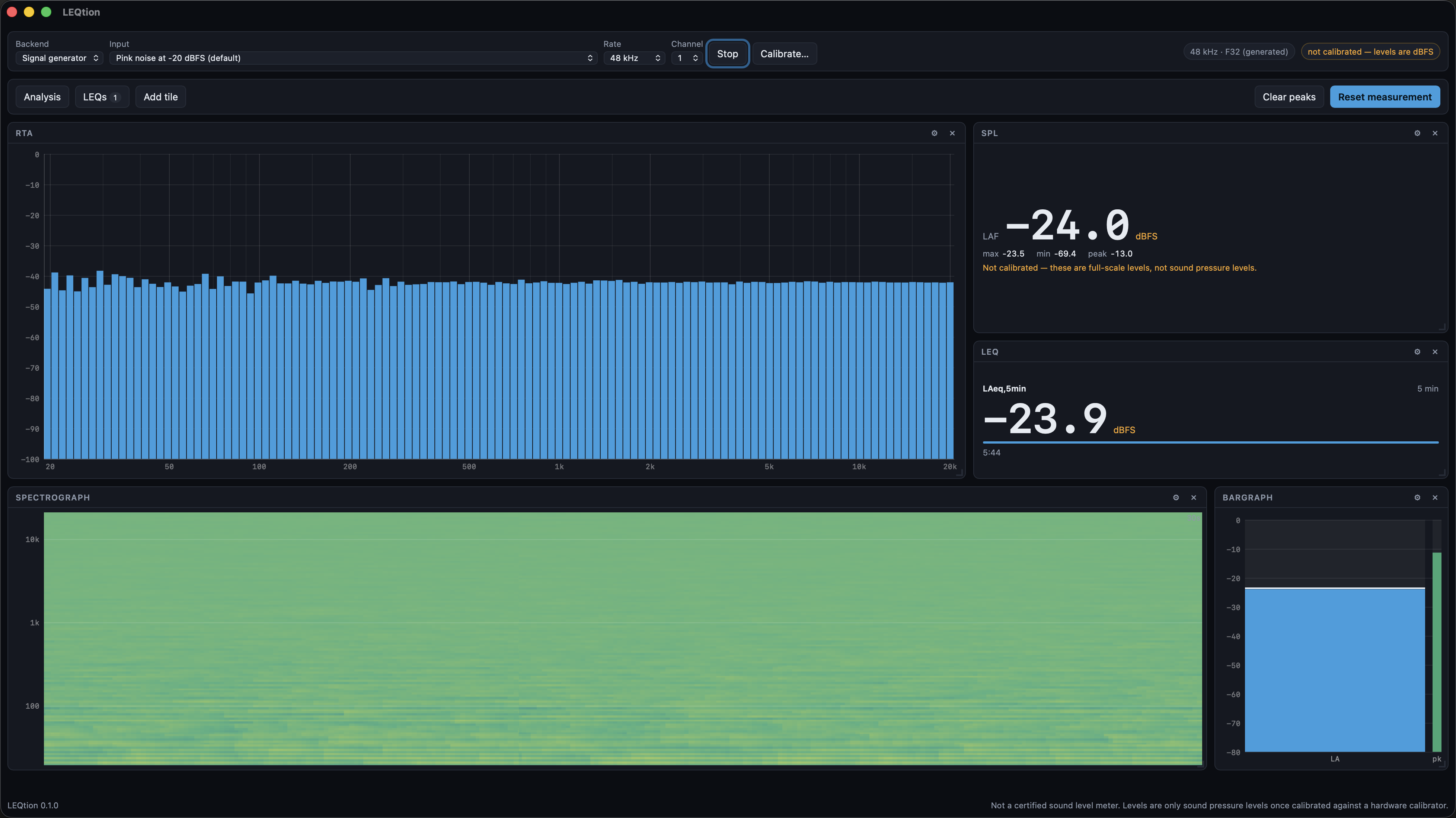 LEQtion measuring pink noise from its own generator: RTA flat across the band, SPL and LEQ tiles agreeing, every level labelled dBFS.