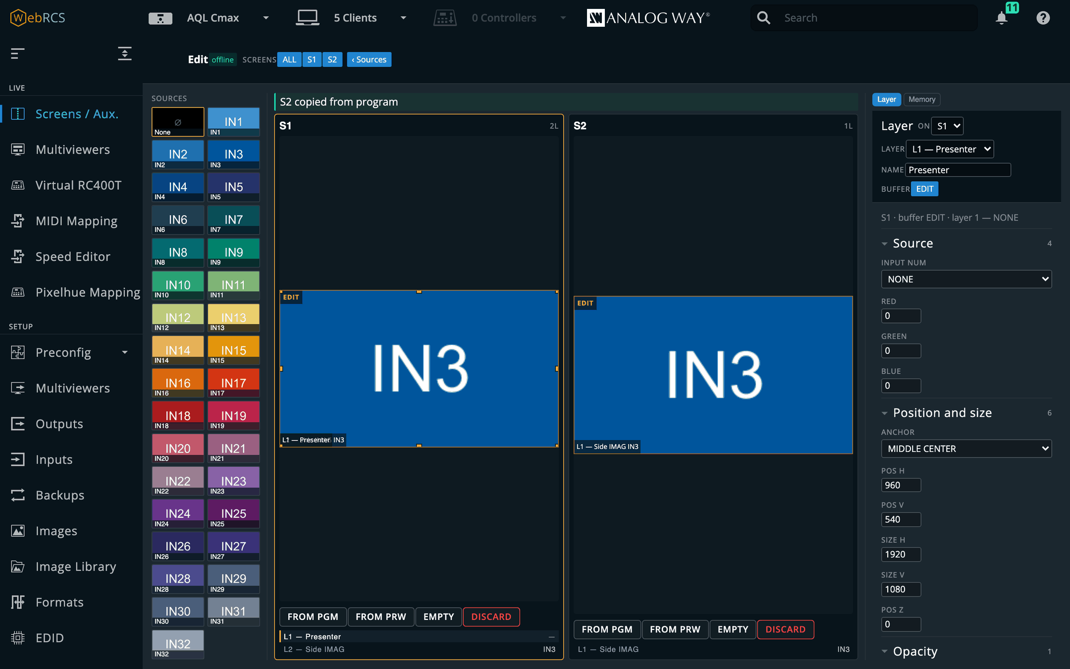 The Edit page: both screens seeded from program, S1’s layer selected on the stage and its parameters in the Layer panel on the right