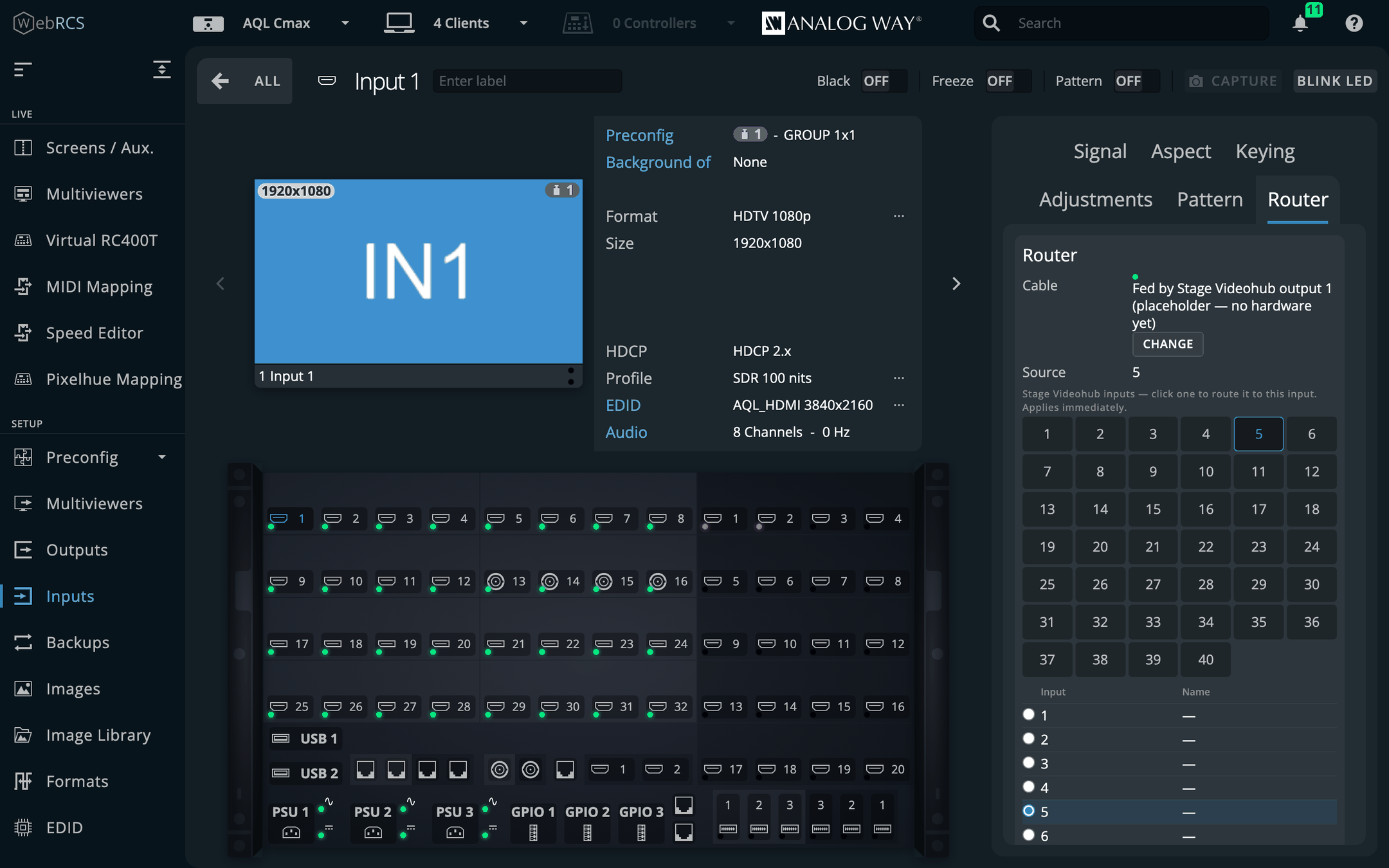 Inputs ▸ Input 1 ▸ Router: the cable from Stage Videohub output 1, and the router’s inputs as tiles and as a list