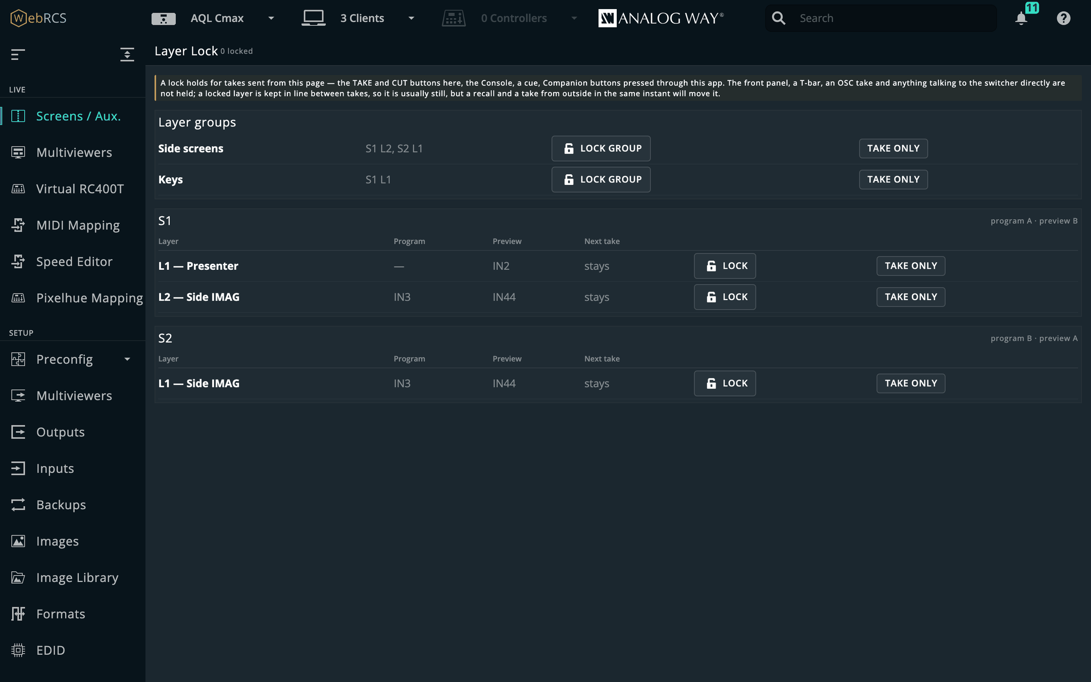 Layer Lock: the two layer groups with Lock group and Take only, then each screen’s layers with program, preview, what the next take will do, Lock and Take only