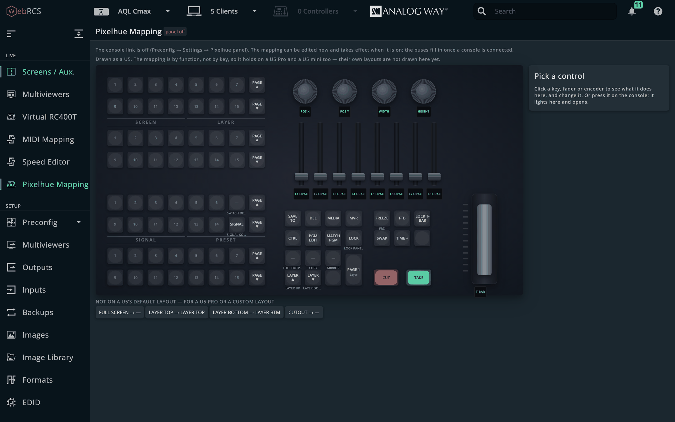 Pixelhue Mapping: a U5 drawn as a Virtual RC400T, with its buses, function keys, faders, encoders and T-bar, and the “Pick a control” panel