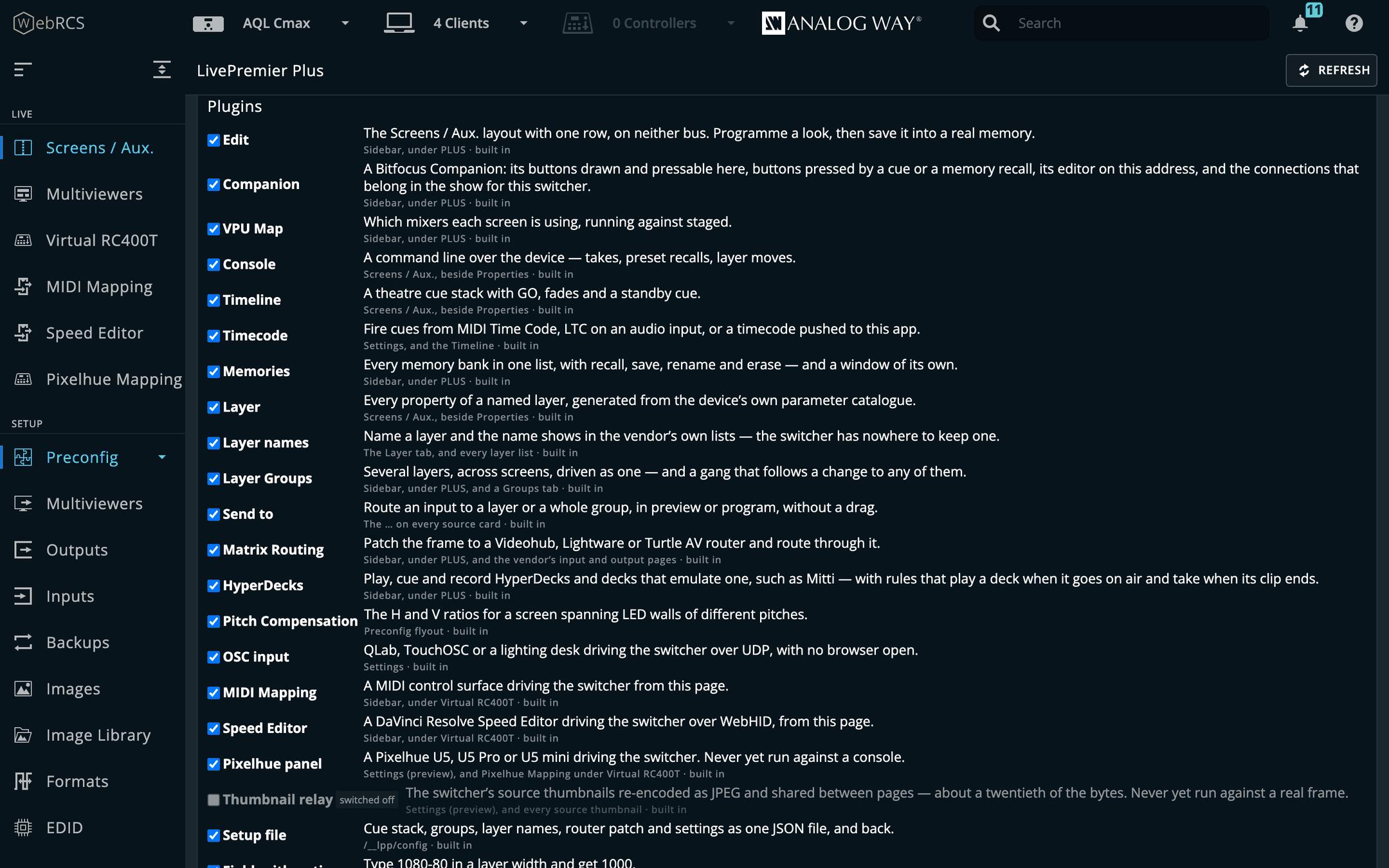 Preconfig ▸ LivePremier Plus → Plugins: every feature with its switch, what it does and where it lives