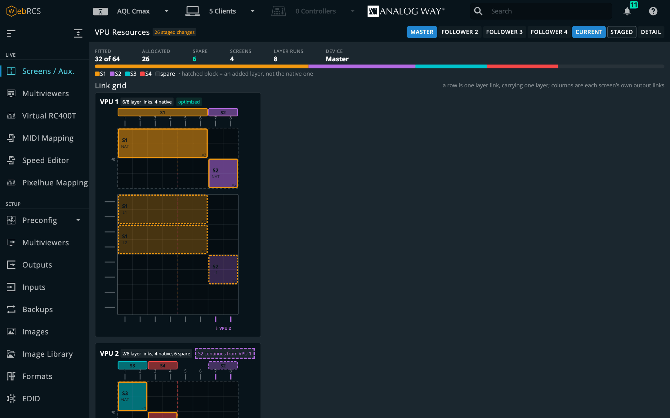The VPU Map in the demo: 32 of 64 mixers fitted, 26 allocated, S1 in Optimized mode, and 26 staged changes