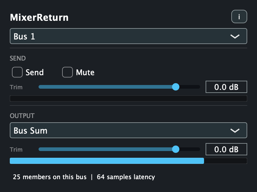 The return instance: Send disabled, Output set to Bus Sum with the output meter showing the summed level, 25 members on the bus, and 64 samples of latency.