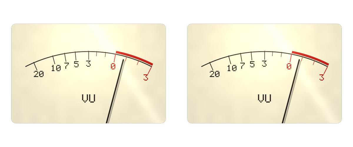 A stereo pair of VU meters, needles just into the red