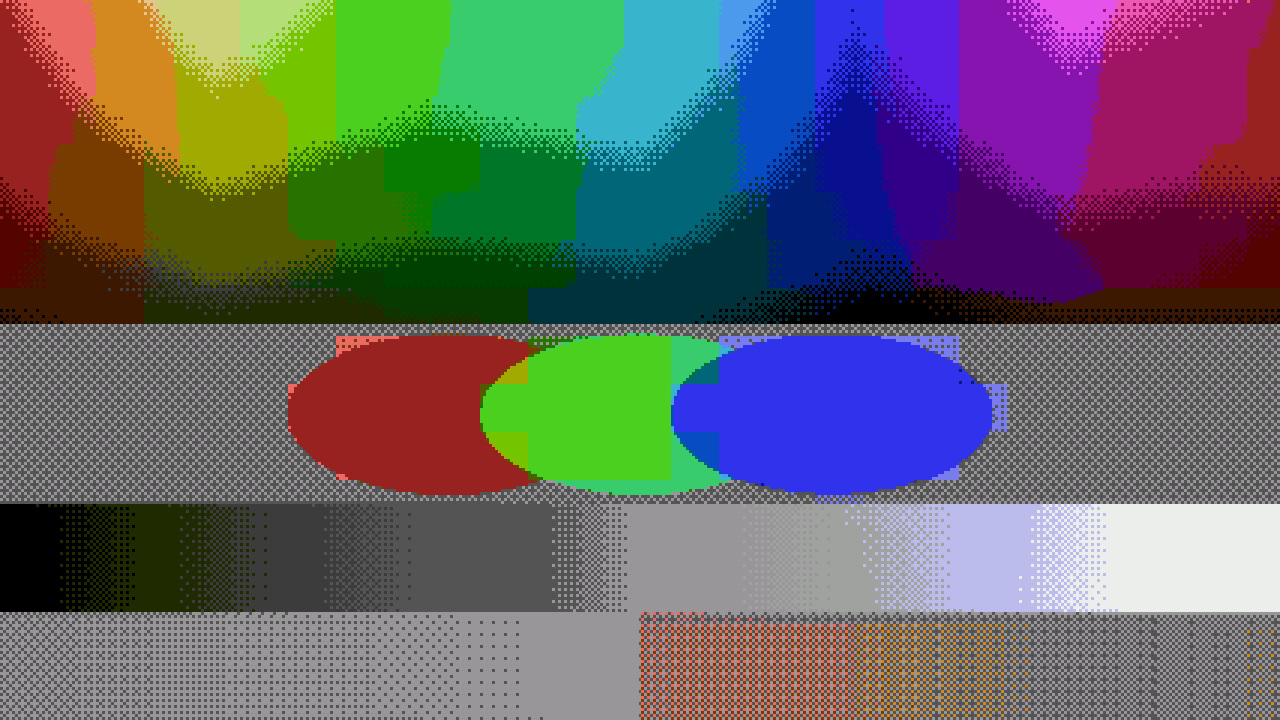 The harness test card through the NES: posterised into the 2C02 palette, Bayer dither working the gradients, and the 16×16 attribute areas bleeding hue exact…