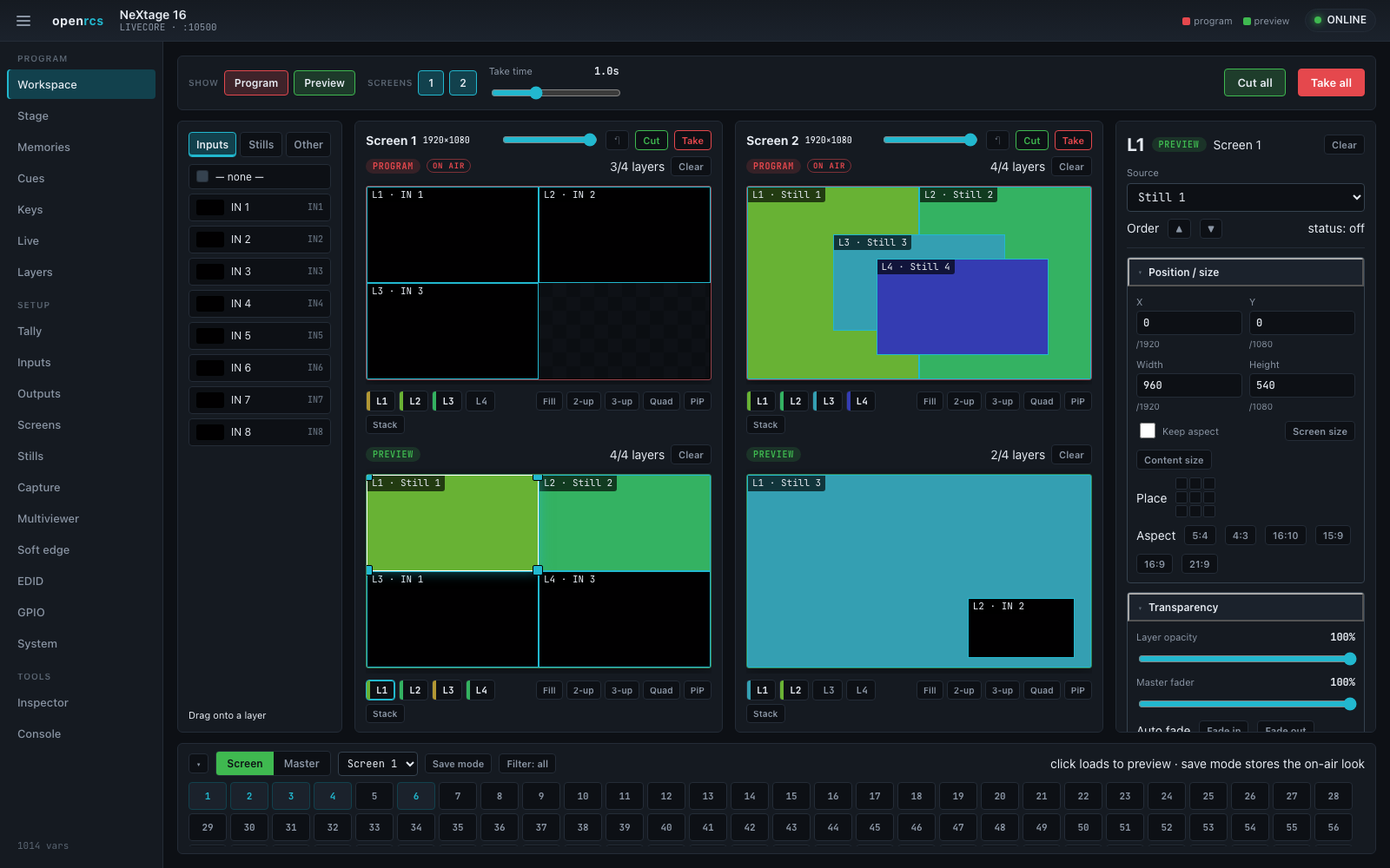 The working page — sources, live screens and memories on one page
