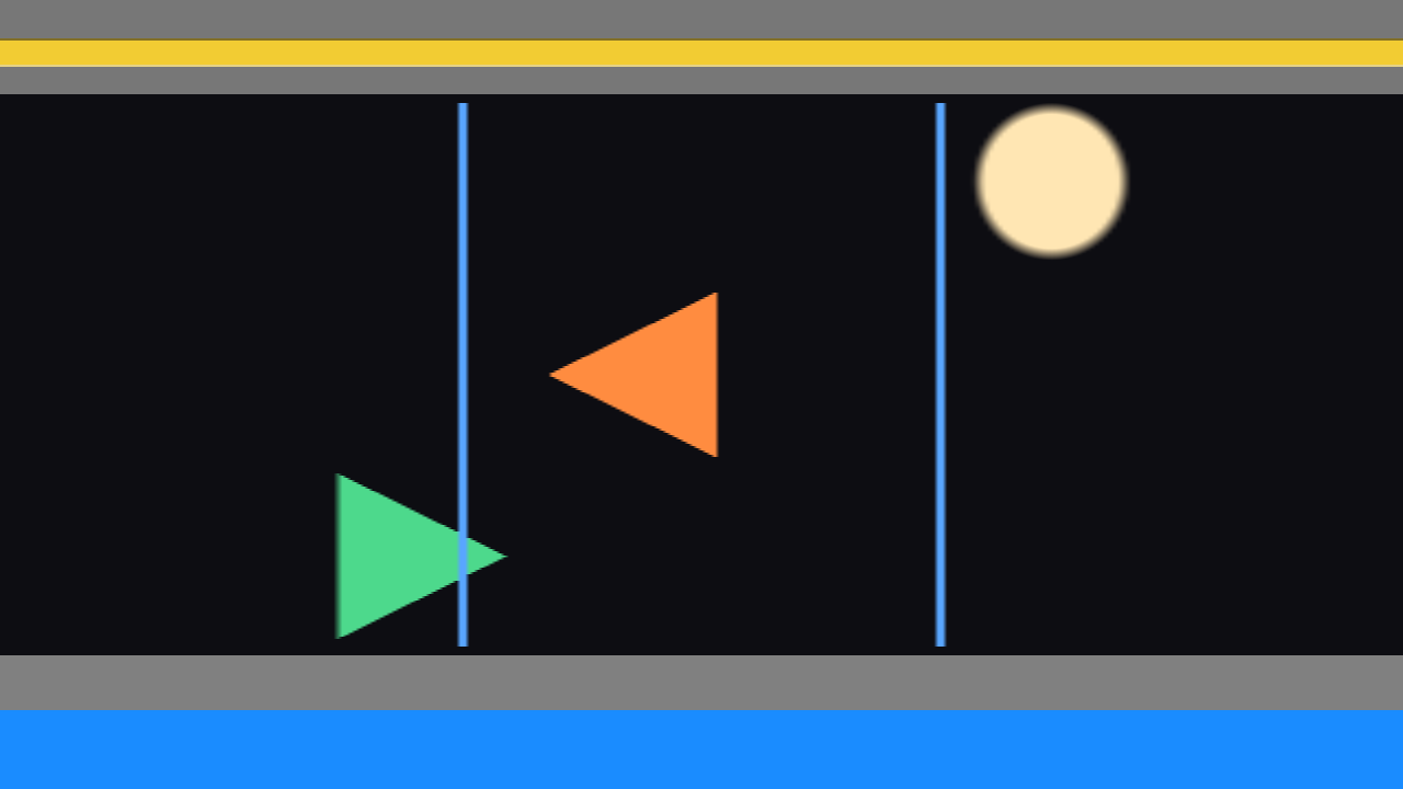 A strip: an orange arrow pointing left, a green arrow pointing right, thin blue bars, and flat horizontal streaks