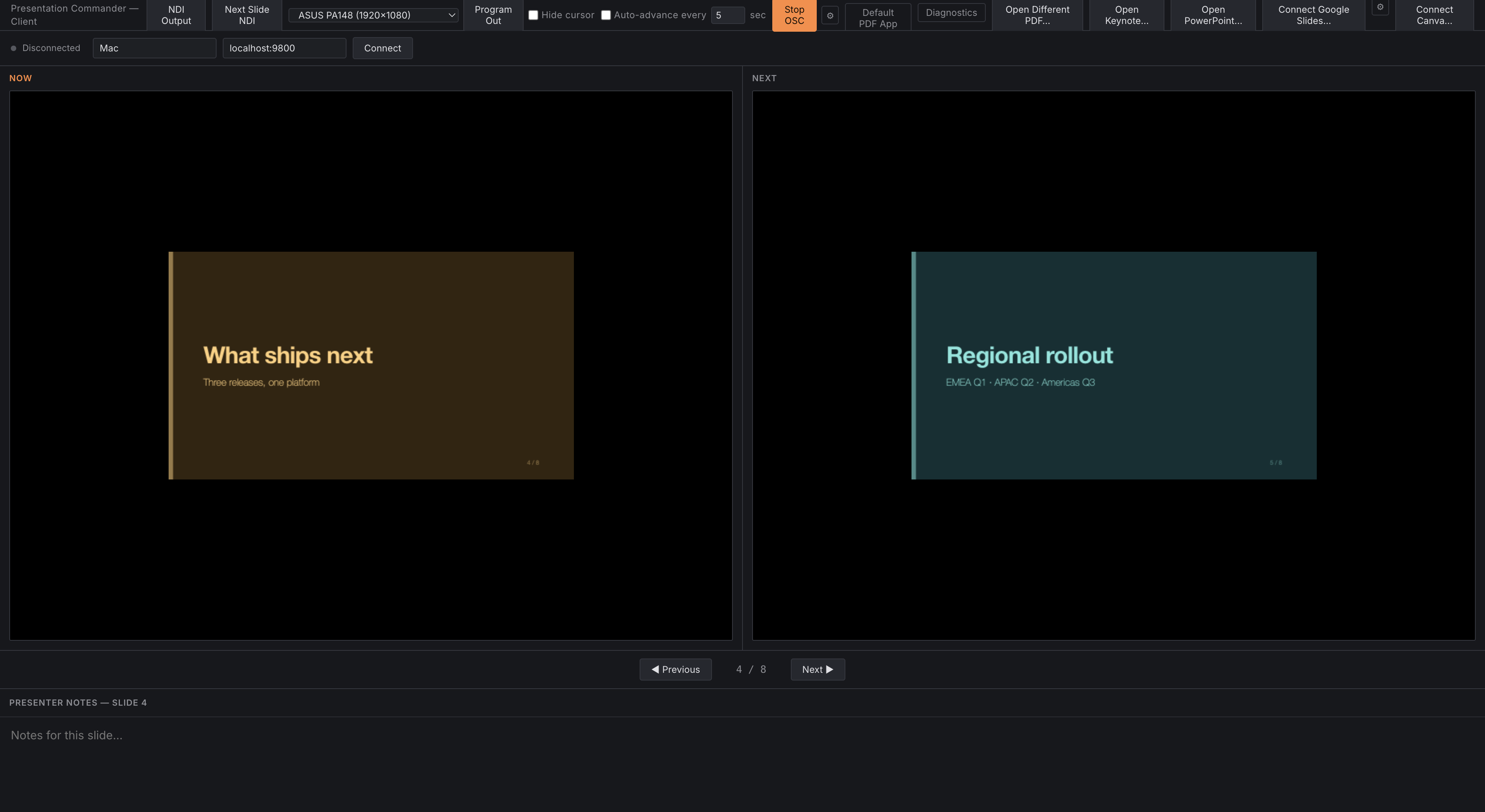 The main window presenting a real PDF: Now and Next, with the Program Out display picker above.