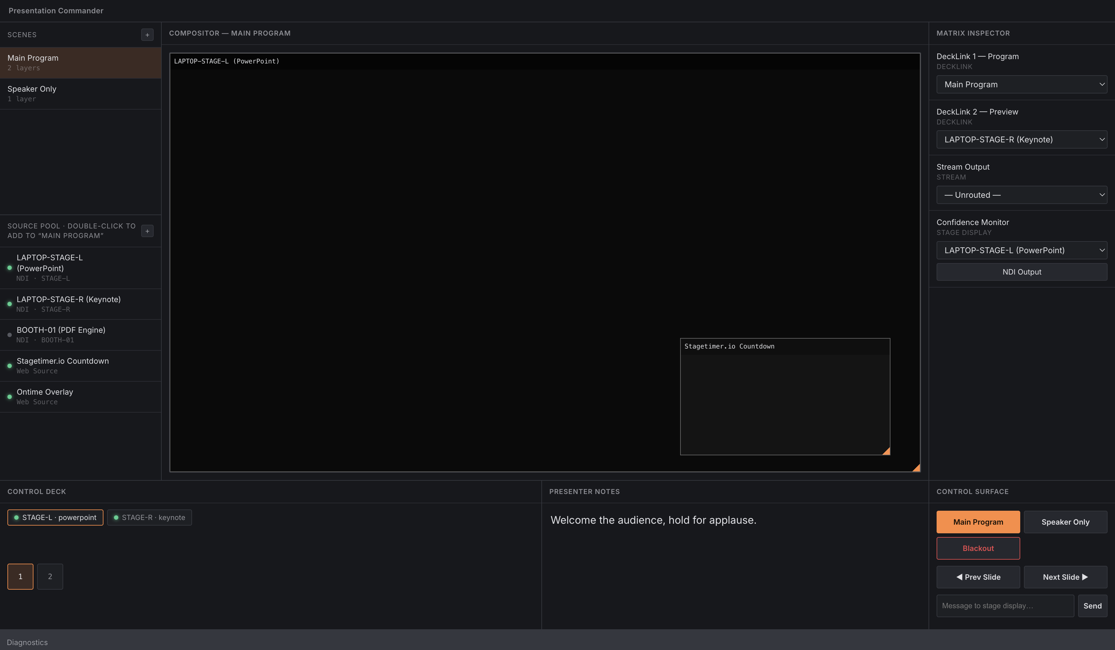 The main window: scene compositor, source pool, matrix inspector, control deck and control surface.