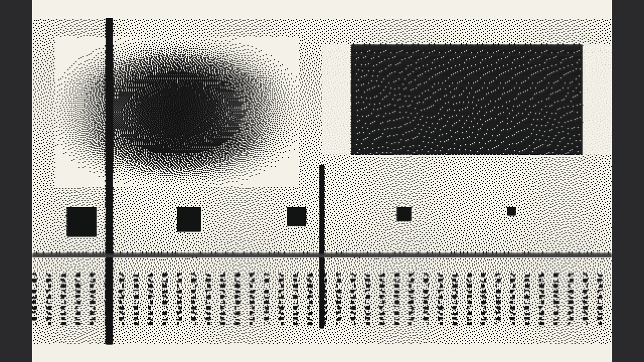 The test card printed on an 80 mm receipt: dithered greys, vertical lines that run on below their ends, a full-width rule printed pale grey where the thin vertical lines stay black, a large solid printed as a mottled, sagging dark grey, and text-like marks each trailing a smear of heat below it