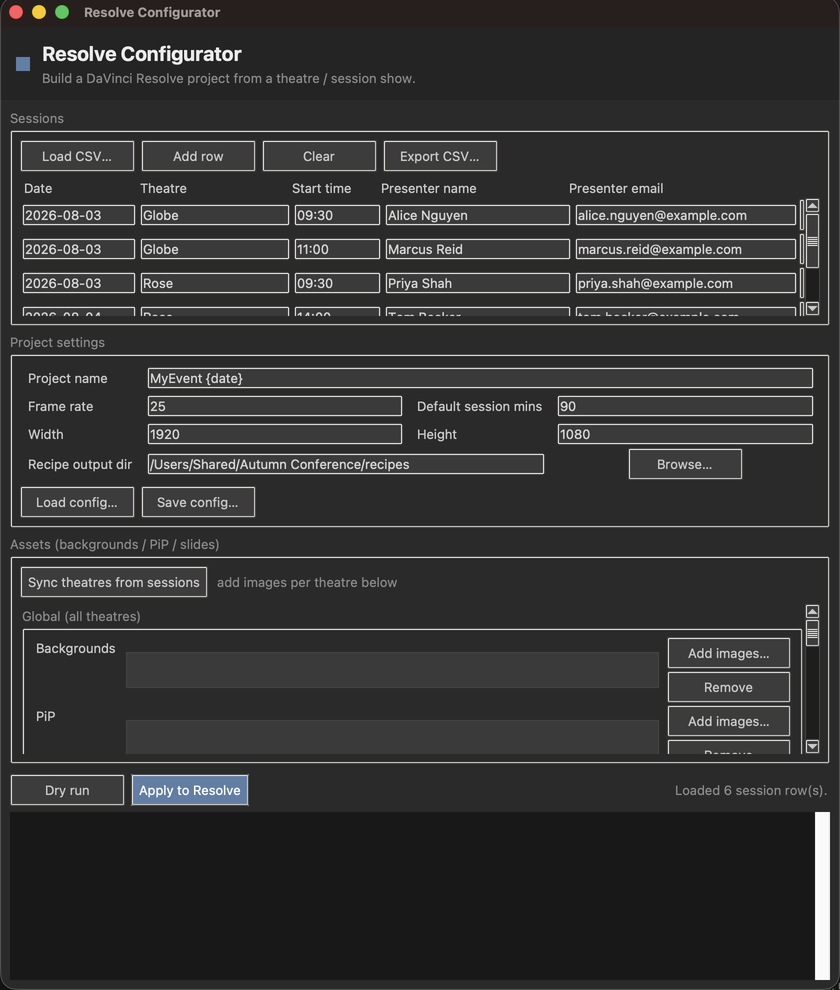 The Resolve Configurator window: the session table at the top, project settings below it, the per-theatre asset lists, and the dry-run output filling the bottom pane.