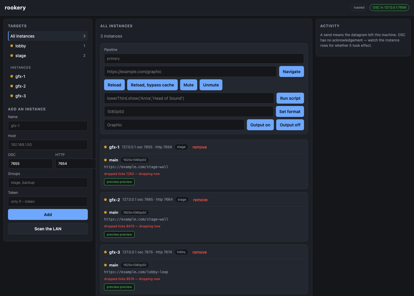 rookery: a group tree on the left, fan-out controls and per-instance state in the middle, an activity log on the right