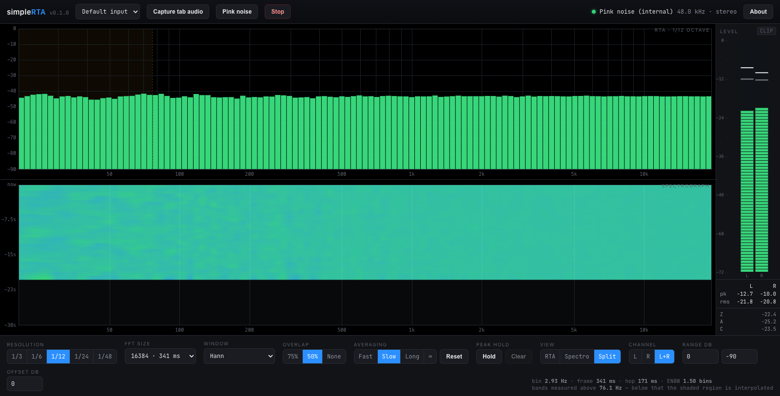 The RTA over the spectrograph, sharing a frequency axis, with the level meter down the right