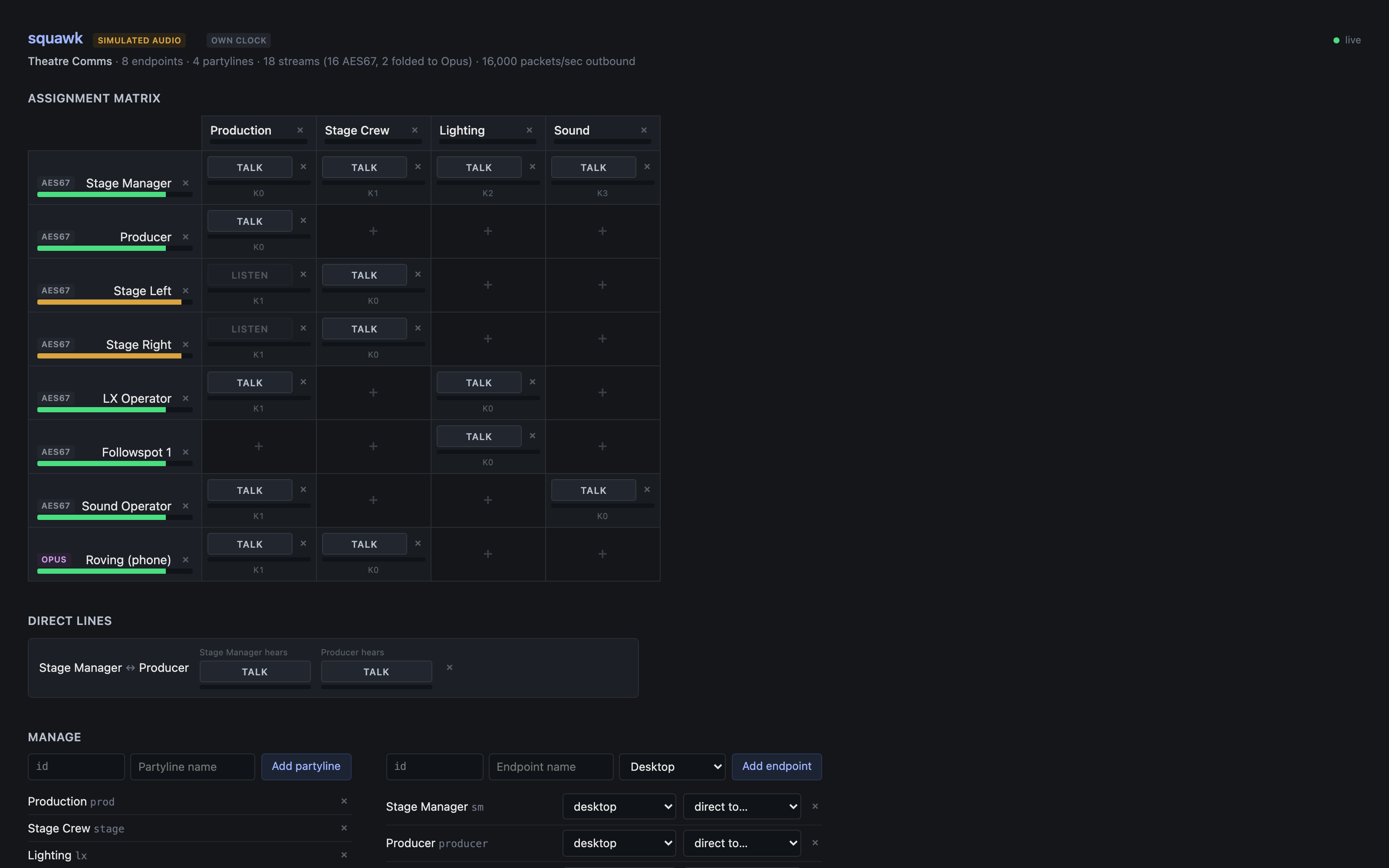 The browser UI on the example show — eight endpoints across four partylines, each key with its own talk button and a meter of what it hears, and a direct lin…