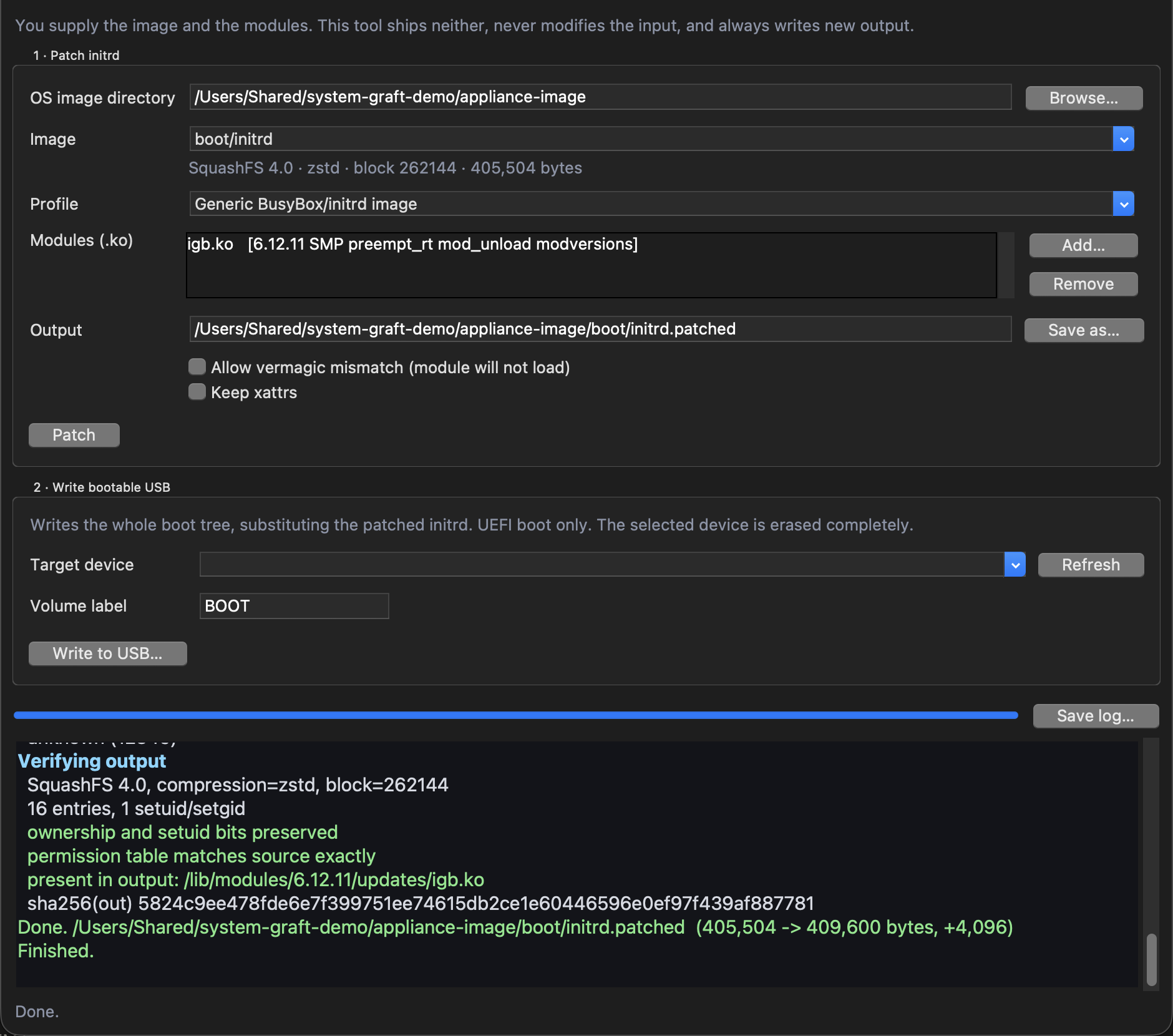 The two steps on one window: patch an initrd with your modules, then write the whole boot tree to a USB stick.