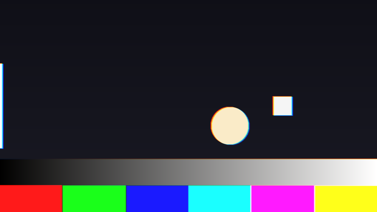 A saccade in flight on the harness’s test card: every bright edge fringes