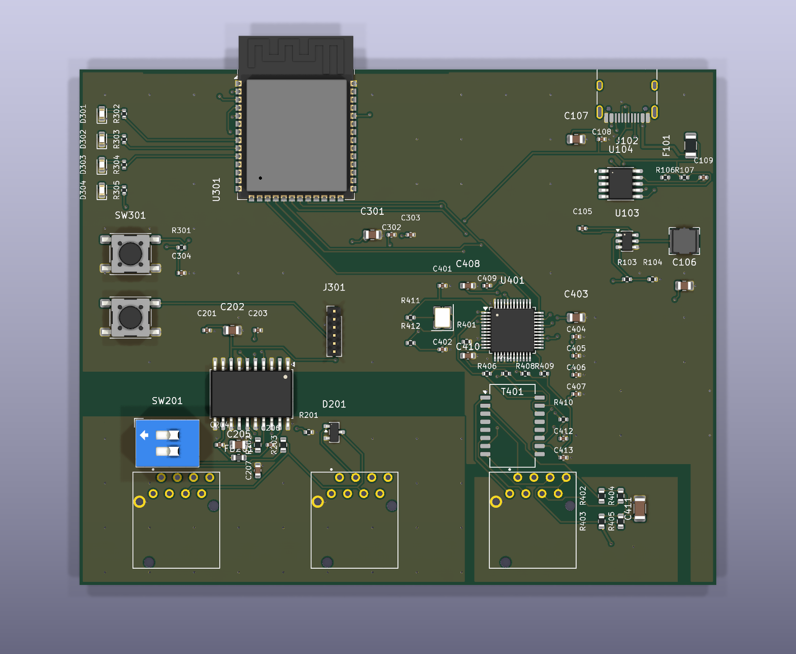 CANary rev A board, top view render showing component placement
