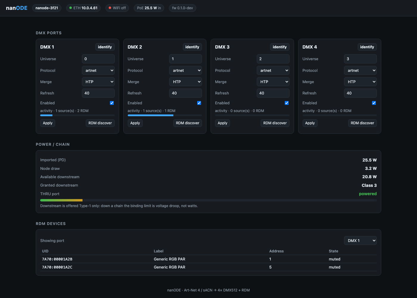 nanODE browser console showing DMX universes and RDM discovery