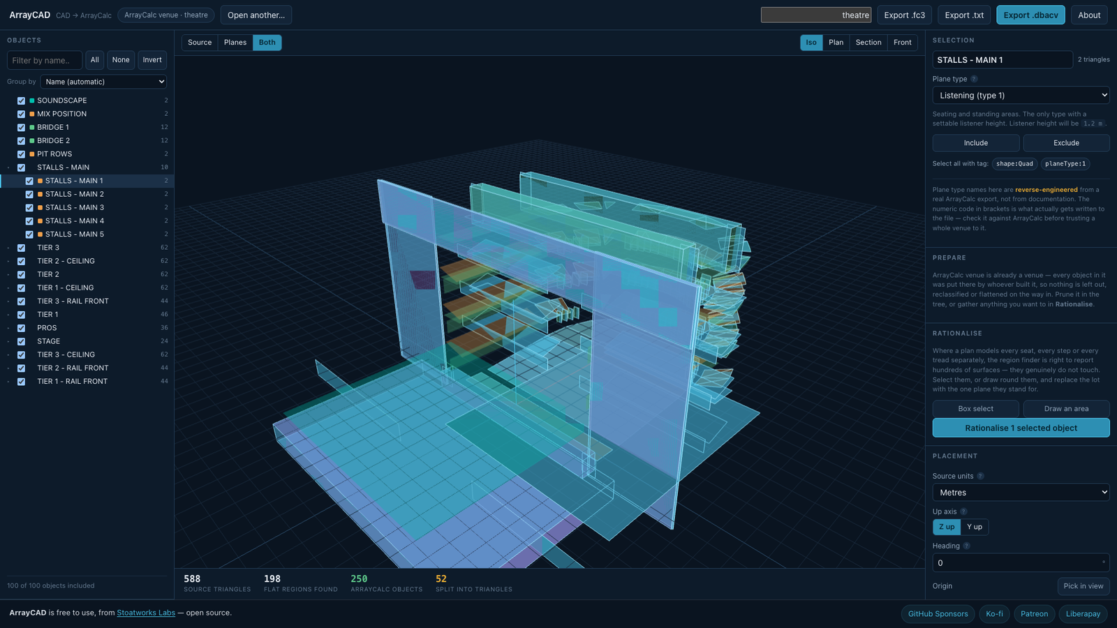 ArrayCAD — A CAD model or a plan in, ArrayCalc, Soundvision or EASE Focus out