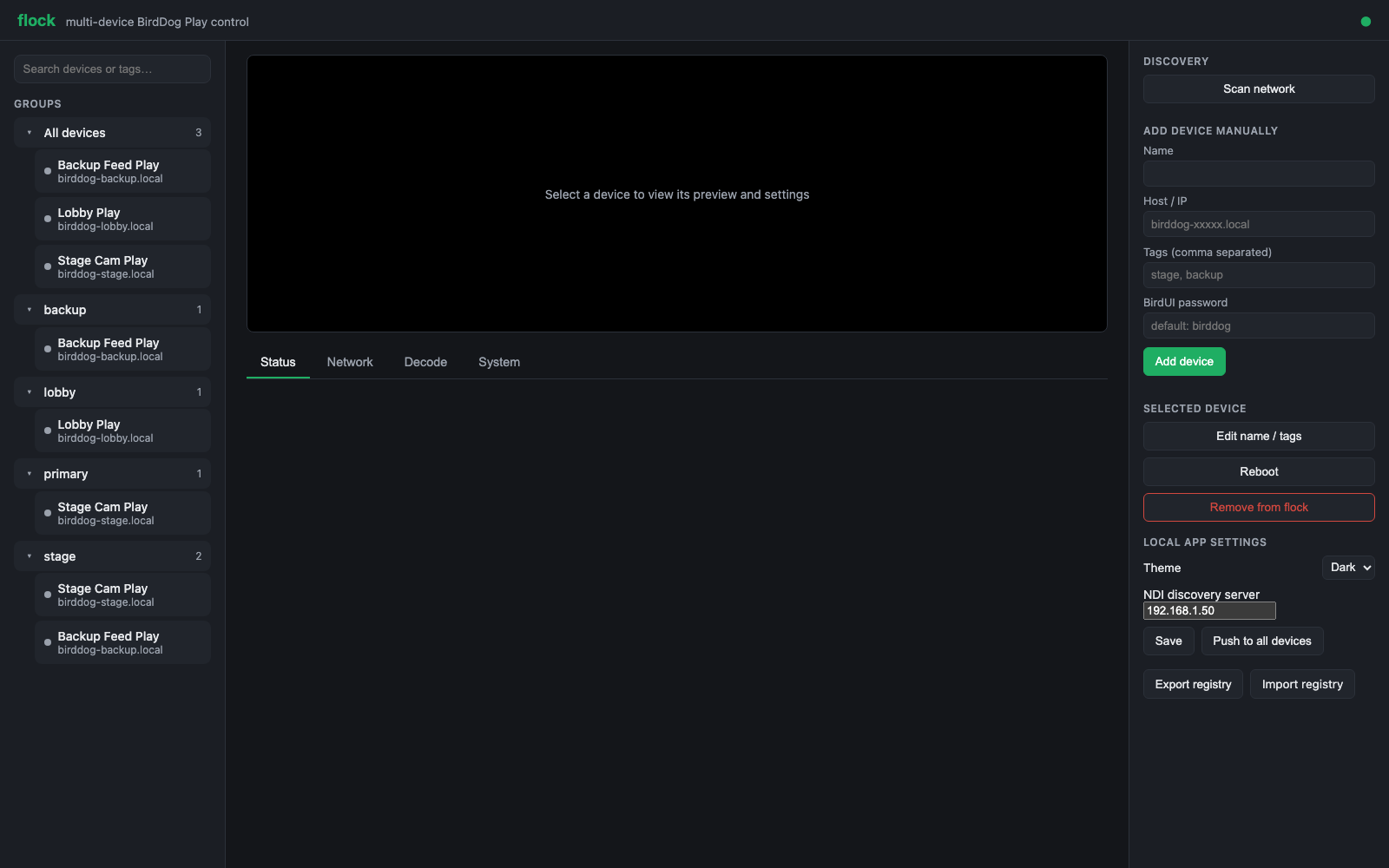 Flock — BirdDog decoder fleet UI