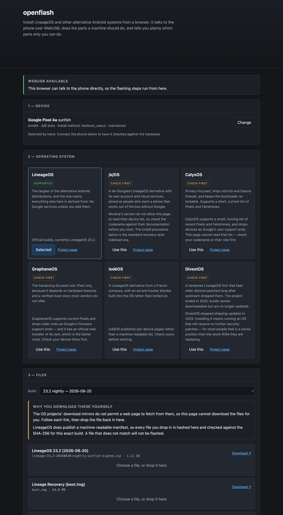 openflash — LineageOS onto your phone, from a browser tab