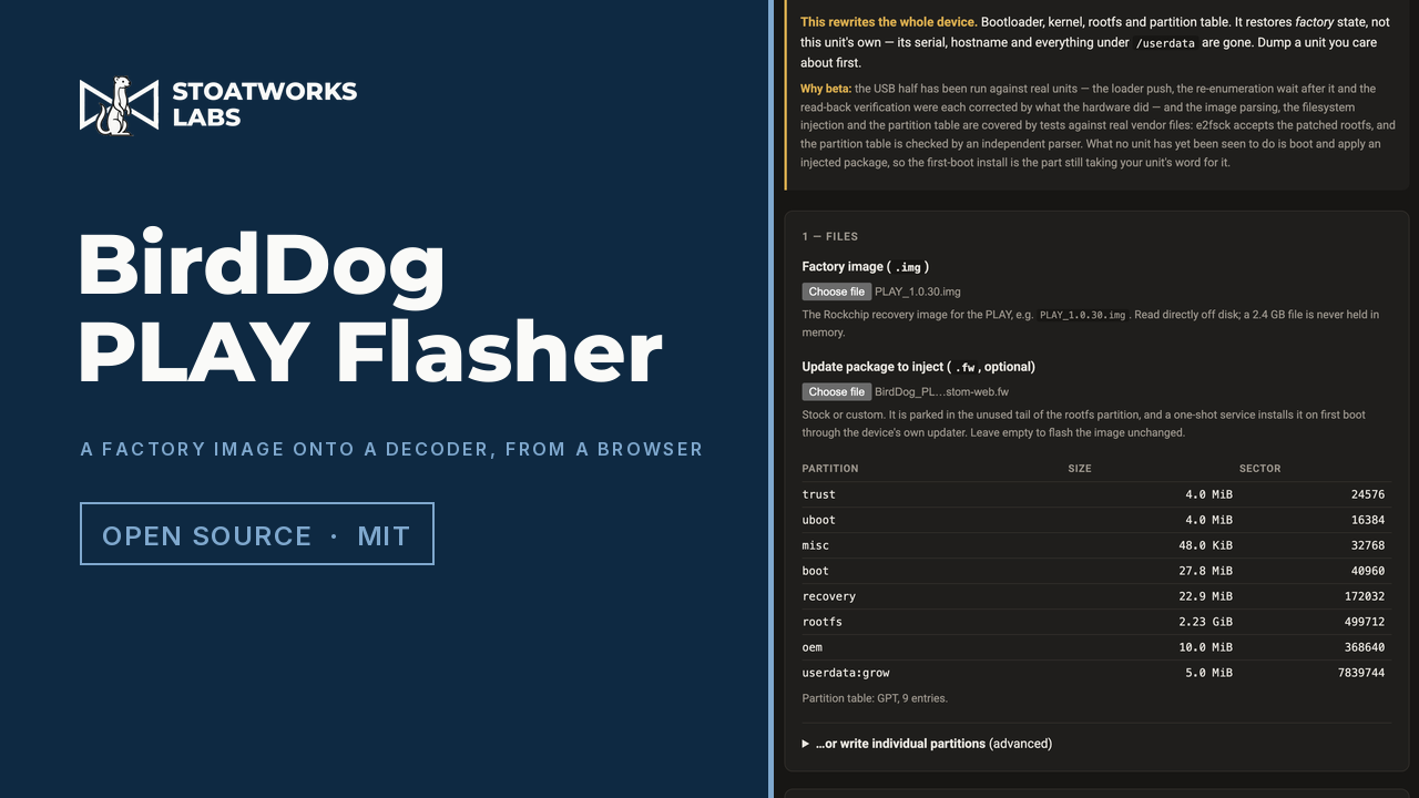 BirdDog PLAY Flasher — A factory image onto a decoder, from a browser