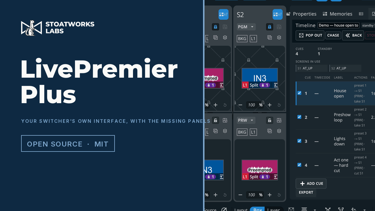 LivePremier Plus — Your switcher's own interface, with the missing panels
